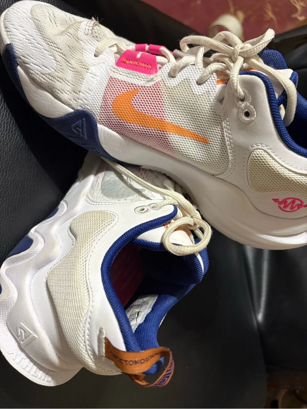 Nike LOGO 5 White Sneakers with Orange Swoosh and Blue Trim for women’s size 7Y